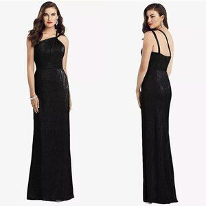 Dessy Collection One-Shoulder Twist Metallic Trumpet Gown in Black‎ Sz 8 New